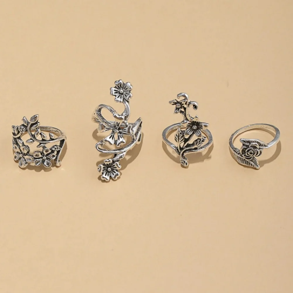 Flower Ring Set Silver Tone 4 Rings - Picture 6 of 11